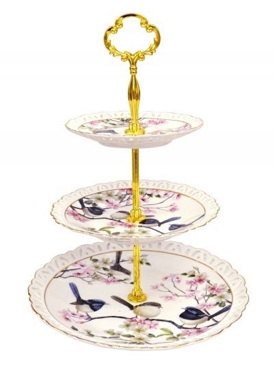 New Fine Bone China Australia Bird Blue Wren 3 Tier Cake Stand Cupcake Stand