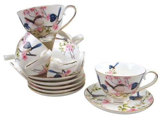 12pc Fine Bone China Blue Wren Short Black Cup Saucer Set Mother's Day Gift