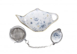 Blue Meadows Tea Strainer & Tea Bag Holder Set w Box Chinaware Gift