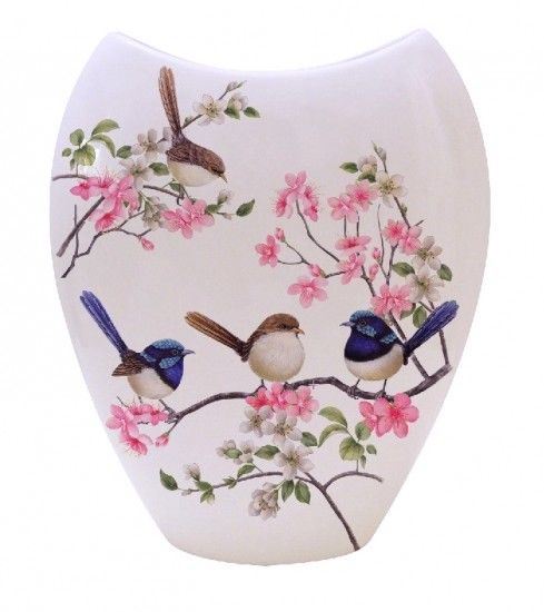 Australian Bird Blue Wren Vase 25.5cm Fine Bone China w Box Flower Pot Gift