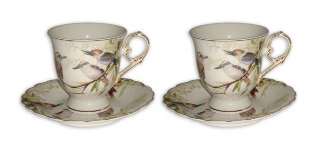 Set of 2 Fine Bone China  Kookaburra Bird Cups & Saucer Chinaware Tea Cup GIFT