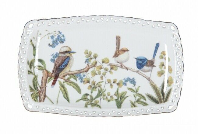 Australian Birds Plate Fine Bone China Plate Kookaburra&Blue Wren 25x15cm Gift