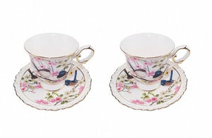 Set of 2 Australian Bird Blue Wren Cup&Saucer Fine Bone China Gift w Box