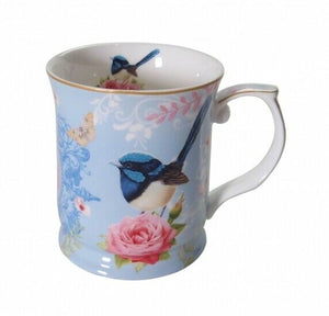 New Fine Bone China Blue Wren Coffee Tea Mug w Handle Cup 415cc-Blue Background