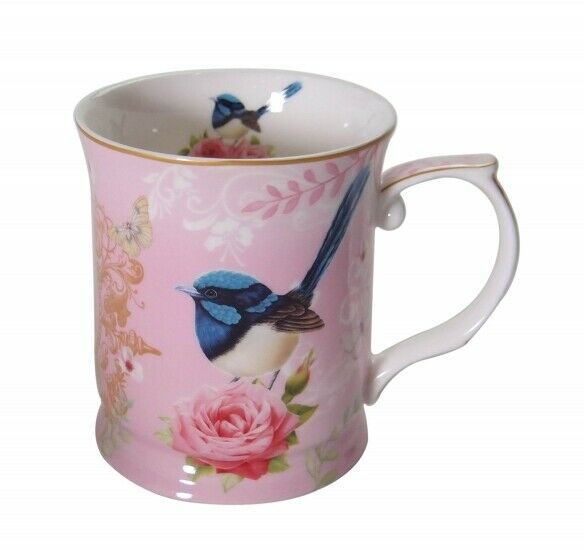 New Fine Bone China Blue Wren Coffee Tea Mug w Handle Cup 415cc-Pink Background