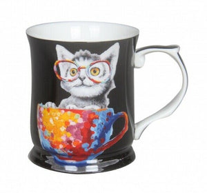 Cute Cheeki Little Cat Kitten w Glasses Mug Cup 415cc White Fine Bone China w Box