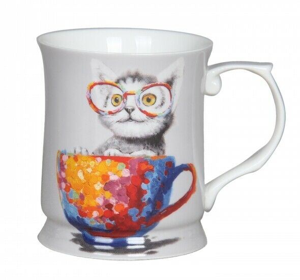 Cute Cheeki Little Cat Kitten w Glasses Mug Cup 415cc  Black Fine Bone China w Box