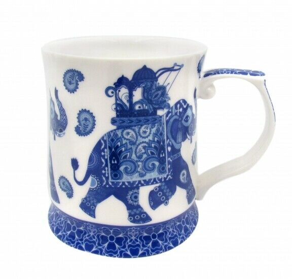 415cc Fine Bone China Blue & White Elephant Coffee Tea Mug w Handle Cup w Box