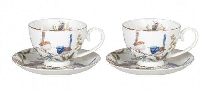 Set of 2 Australian Birds 250cc Cup&Saucer Fine Bone China Kookaburra Blue Wren