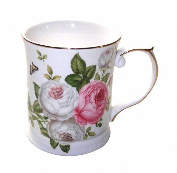 Fine Bone China  Butterfly Rose Coffee Tea Mug w Handle Cup 415cc In Box Gift