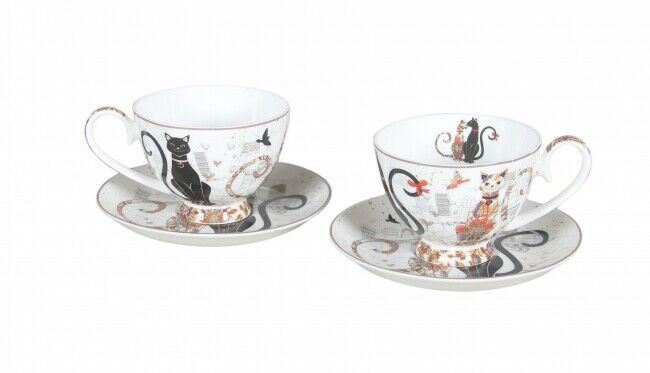 Set of 2 Cat Couple Embossed Cups 250cc w Saucers set Fine Bone China