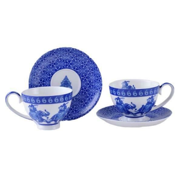 New 2x Blue & White Elephant 250cc Cup w Saucer Set Fine Bone China w Gift Box