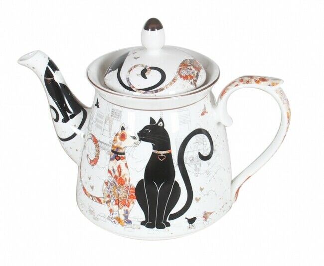 Cat Couple Embossed Teapot 1L Tea Pot Fine Bone China w Gift Box