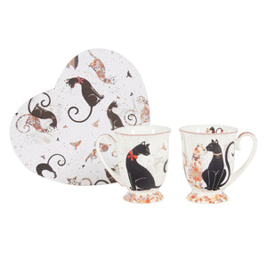 Set of 2 Mug 280cc Mugs Fine Bone China Cat Couple Embossed Heart Shape Box Gift