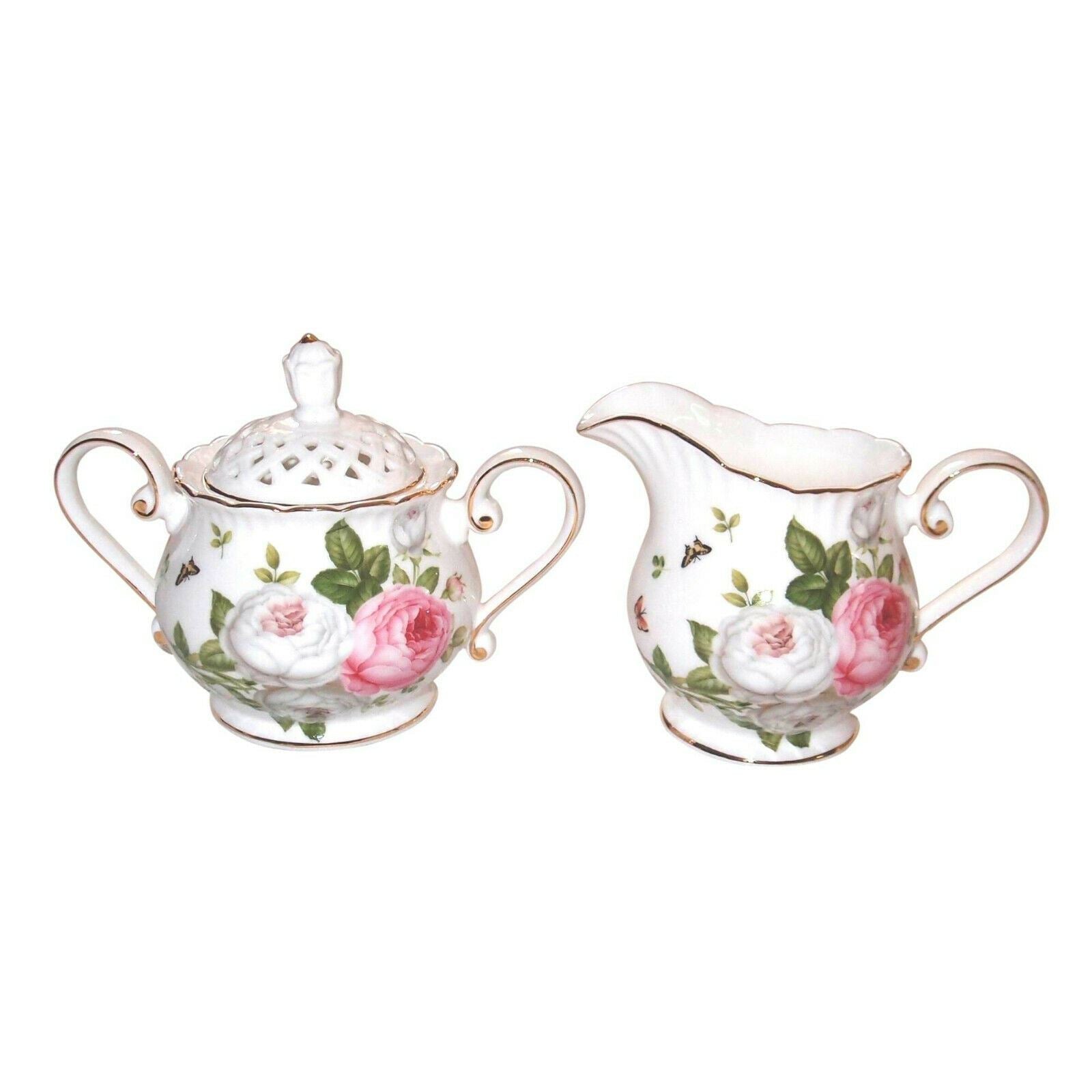 Butterfly Rose Sugar and Creamer Set Fine Bone China w Gift Box