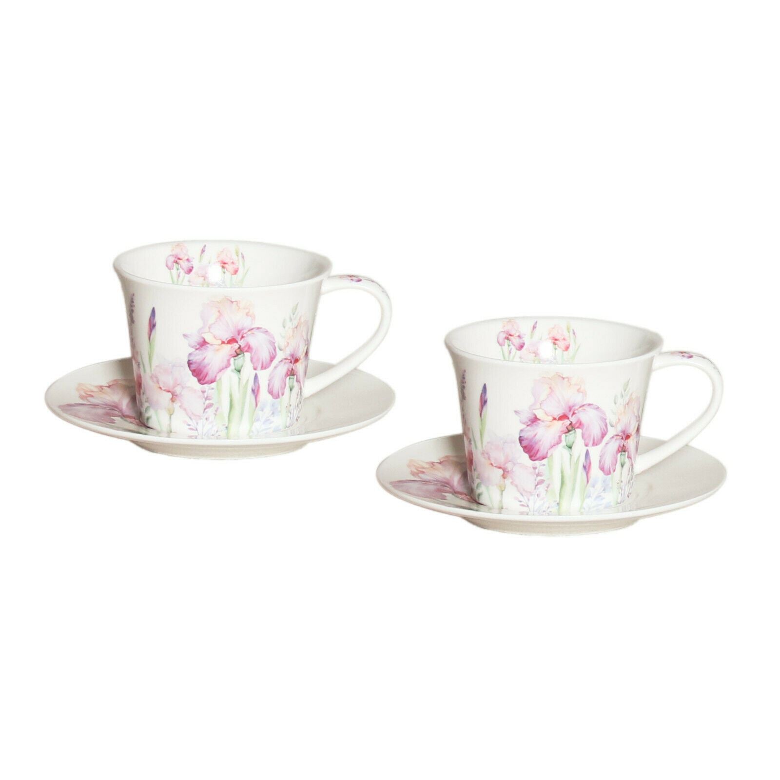 Set of 2 Cups & Saucers 250cc Iris Flowers Fine Bone China w Gift Box