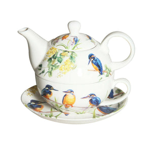 NEW Kingfisher Tea For One Bird Teapot w Cup in One set Fine Bone China Gift