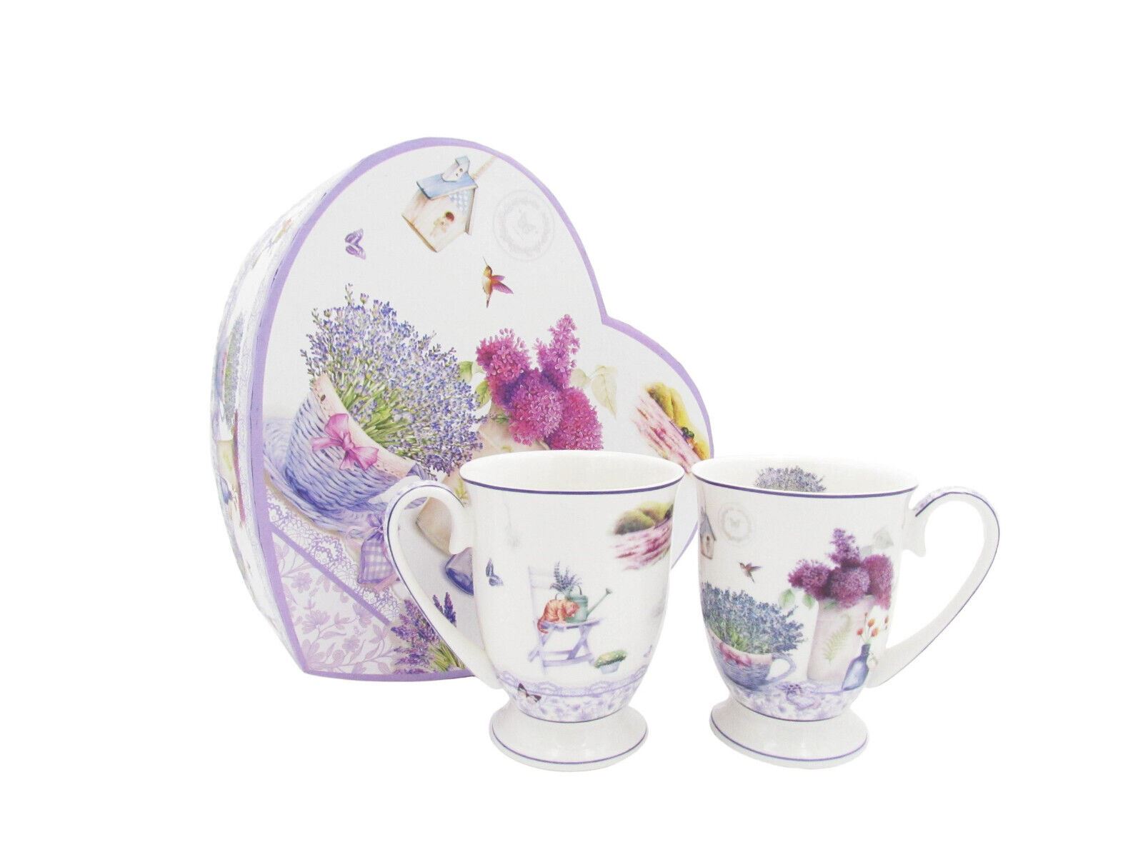 Set of 2 Spring Lavender Cups 280cc Coffee Tea Mug in Heart Shape Box Gift