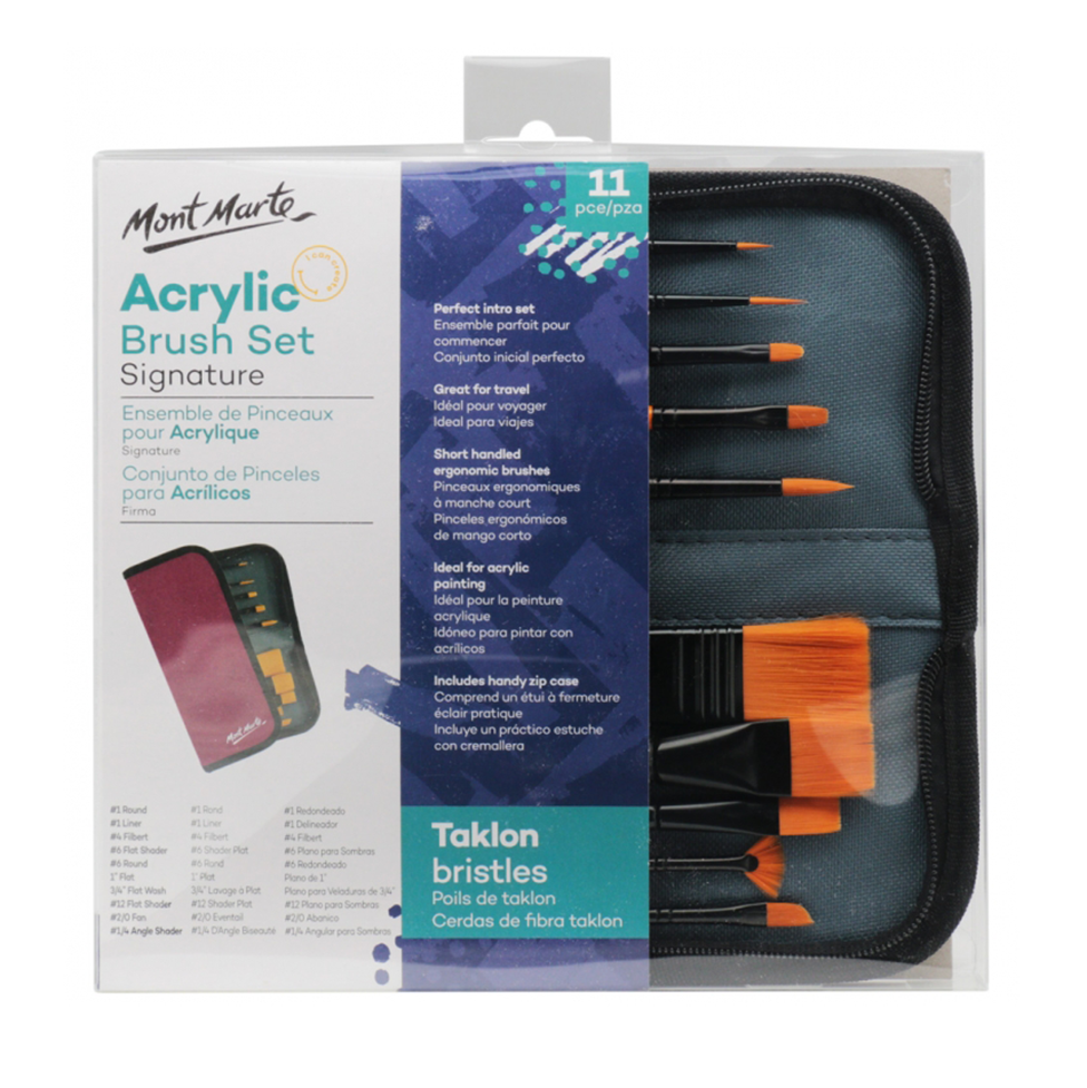 Acrylic Paint Brush Set Taklon Bristles Zip Case Wallet Travel Mont Marte 11 PCE