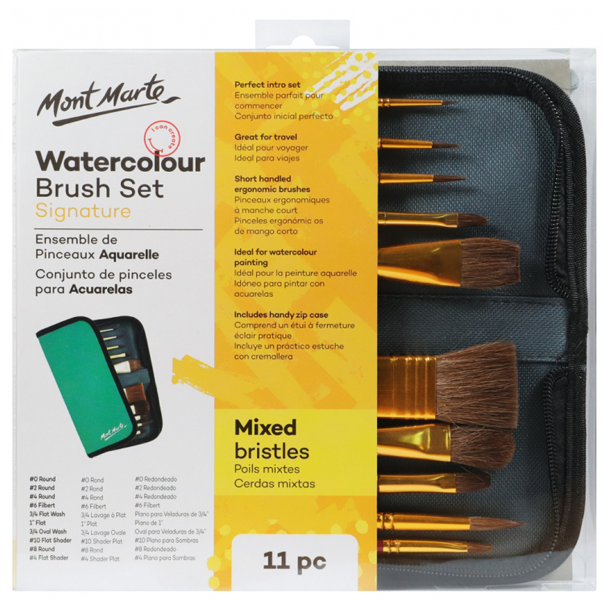 Watercolour Paint Brush Set Mixed Bristles Zip Case Wallet Mont Marte 11pc