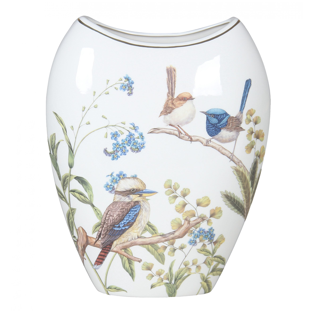 Australian Bird Vase Kookaburra Blue Wren 25.5cm Fine Bone China w Gift Box Xmas