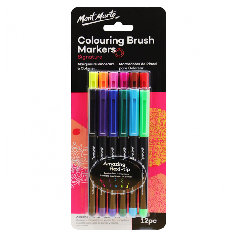 12x Mont Marte Adult Colouring Brush Markers Amzaing Flexi Tips For Colouring