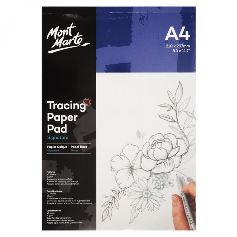 Mont Marte Tracing Paper Pad A4 40 Sheets 60gsm Sketching Overlays Transparent