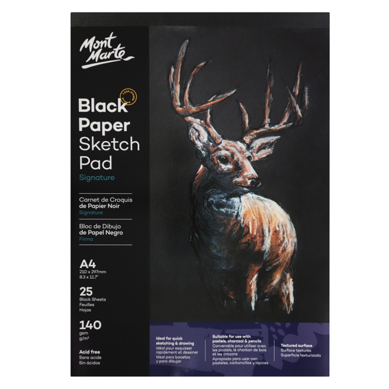 Mont Marte Sketch Pad A4 Black Paper 25 Sheet 140 gsm Draw Pastels Charcoal Book