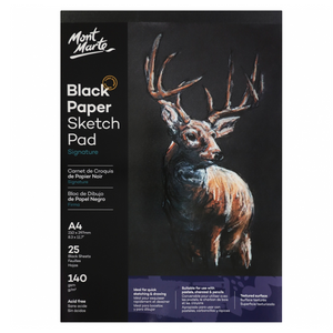 Mont Marte Sketch Pad A4 Black Paper 25 Sheet 140 gsm Draw Pastels Charcoal Book