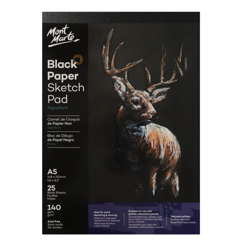 Mont Marte Sketch Pad A5 Black Paper 25 Sheet 140 gsm Draw Pastels Charcoal Book