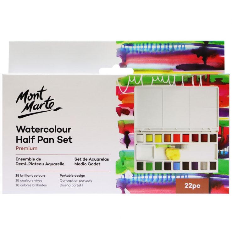 Watercolour Paint Half Pan Set 21pce 18 Colours Mont Marte Portable Compact