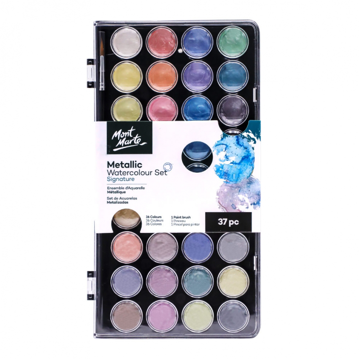 Metallic Watercolour Paint Set Cake Pan Kit 37 Colours Mont Marte Signature