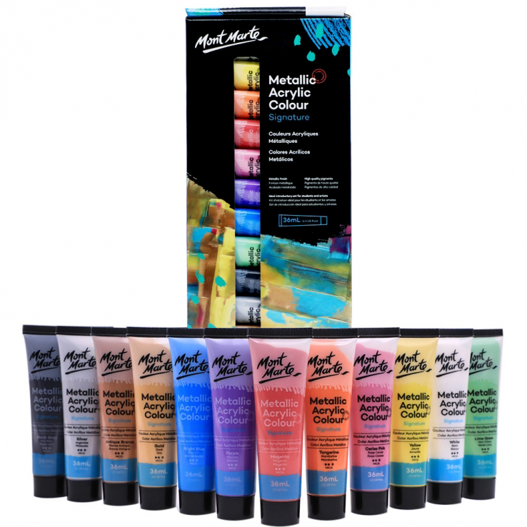 Mont Marte Signature Metallic Paint Set 12pc x 36ml Acrylic Paint Set Xmas Gift