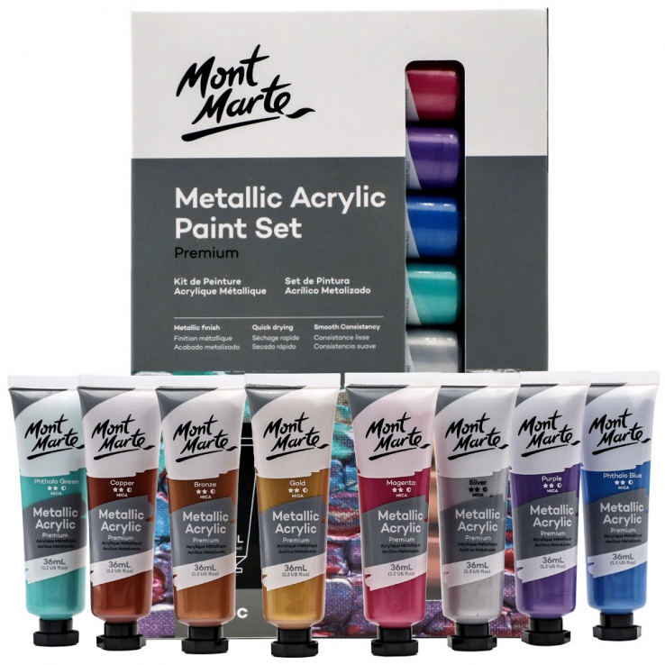 Mont Marte Premium Metallic Paint Set 8pc x 36ml Acrylic Paint Set Xmas Gift