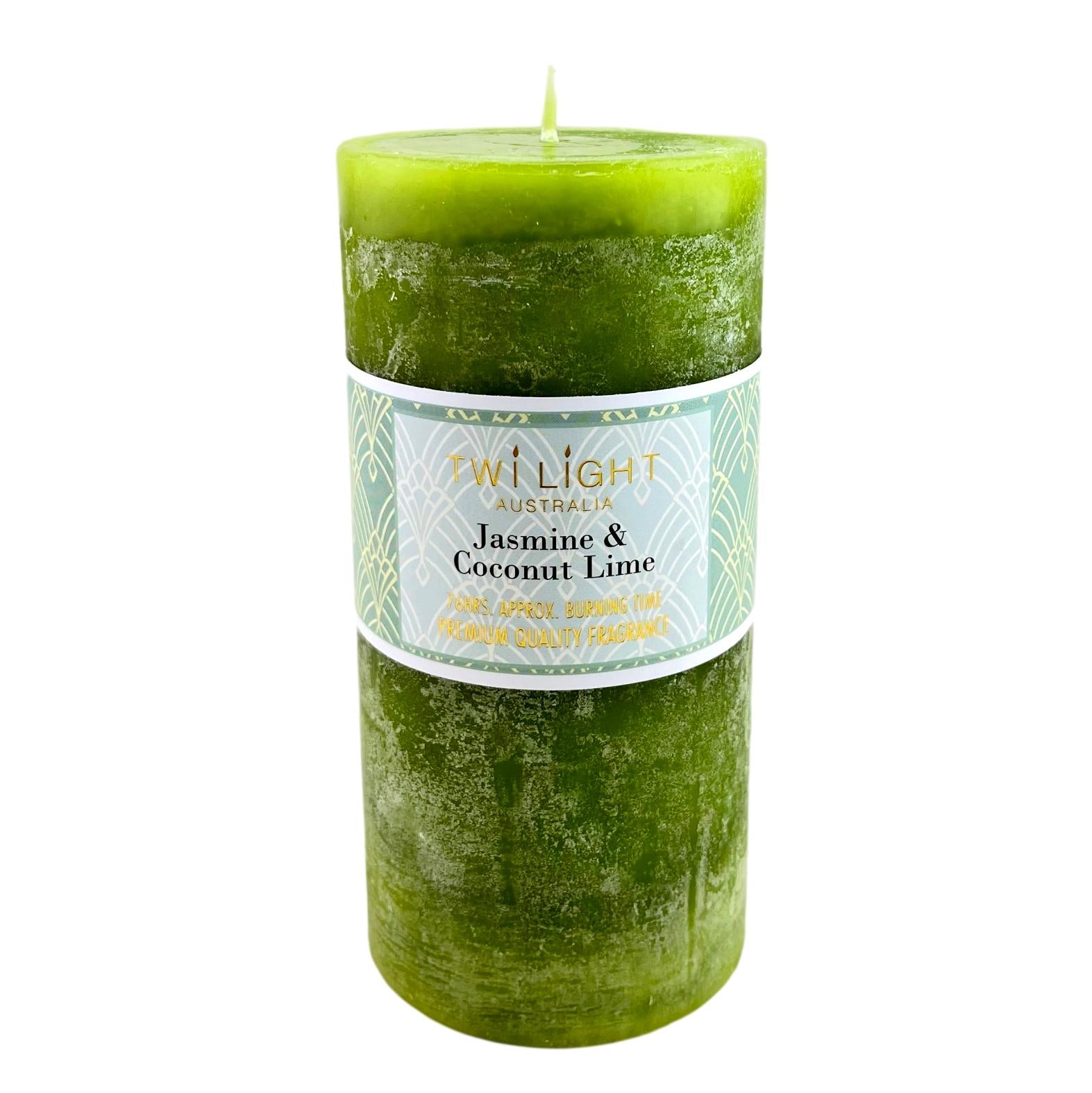 Twilight Frost Scented Pillar Candle Jasmine & Coconut 6.8x14cm Lime Green Candles 76Hours